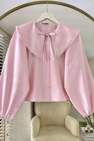 Yakası İncili Bluz Pudra