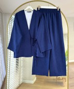 Bağlamalı Keten Kimono Takım Lacivert