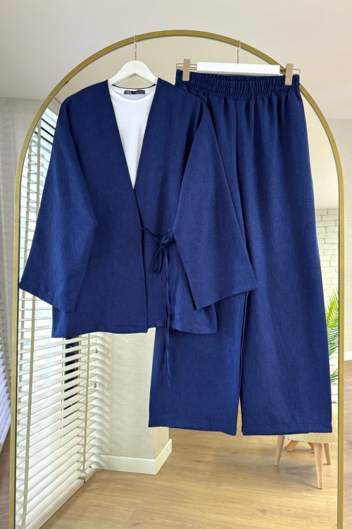Bağlamalı Keten Kimono Takım Lacivert