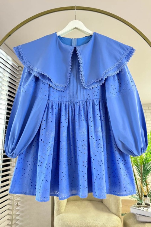 Çift Yaka Brode Tunik Bebe Mavisi