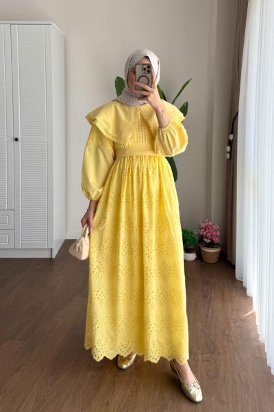 Çift Yaka Brode Elbise Sarı
