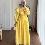Çift Yaka Brode Elbise Sarı