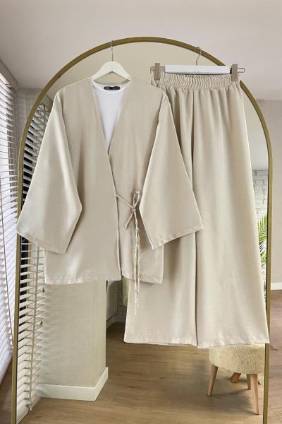 Bağlamalı Keten Kimono Takım Krem