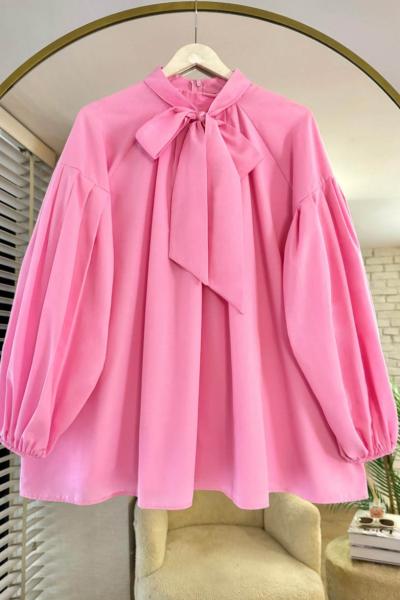 Yakası Bağlamalı Salaş Tunik Pembe
