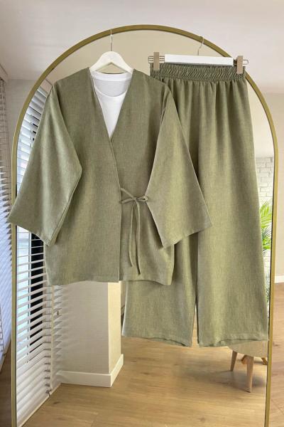Bağlamalı Keten Kimono Takım Açık Haki