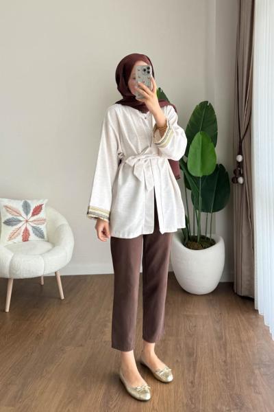 Kolları Nakışlı Keten Kimono Ekru