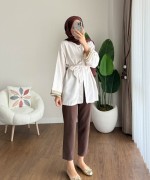 Kolları Nakışlı Keten Kimono Ekru