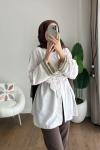 Kolları Nakışlı Keten Kimono Ekru