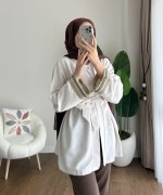Kolları Nakışlı Keten Kimono Ekru