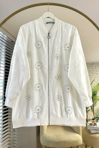 Taş İşlemeli Brode Hırka Beyaz