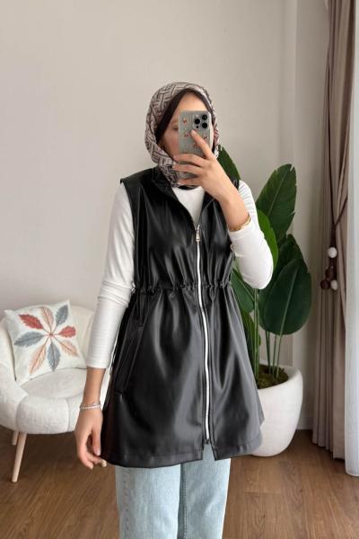 Beli Büzgülü Deri Yelek Siyah