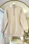 Yarım Fermuarlı Üç İplik Sweatshirt Bej
