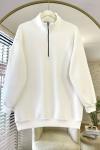Yarım Fermuarlı Üç İplik Sweatshirt Beyaz