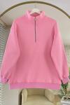 Yarım Fermuarlı Üç İplik Sweatshirt Pembe