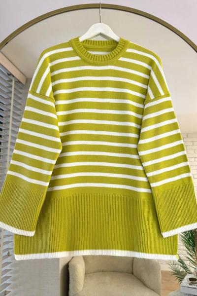 Yırtmaçlı Çizgili Kazak Açık Yağ Yeşili