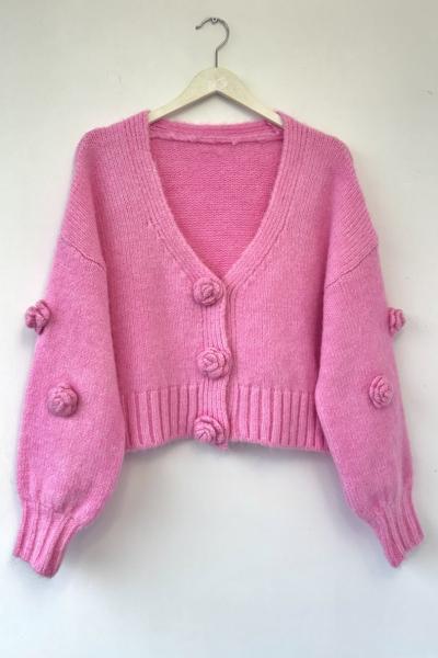 Gül Detaylı Çıt Çıtlı Hırka Pembe