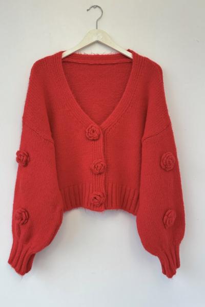 Gül Detaylı Çıt Çıtlı Hırka Nar Çiçeği