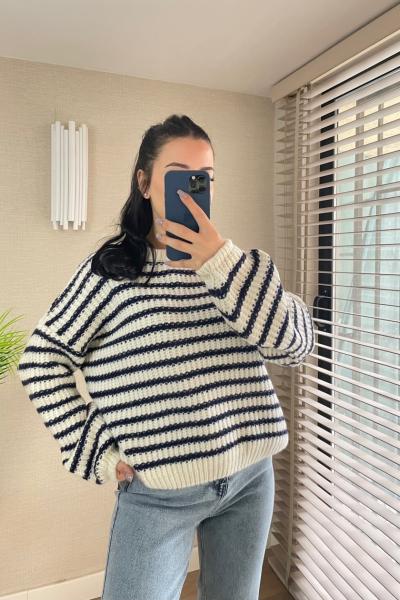 Çizgili Purble Kazak Lacivert