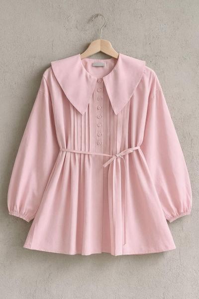 Bebe Yaka Nervürlü Tunik Pembe