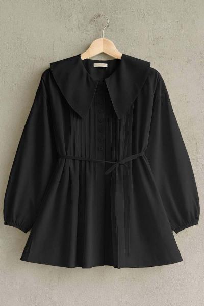 Bebe Yaka Nervürlü Tunik Siyah