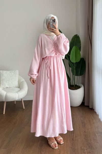 Büzgülü Müslin Elbise Pudra