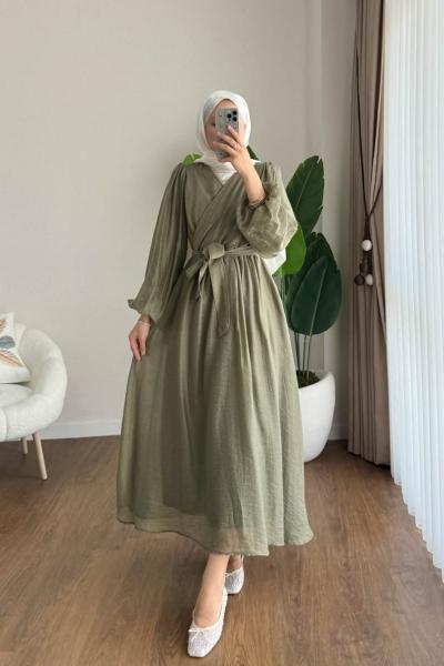 Çapraz Biyeli Elbise Haki