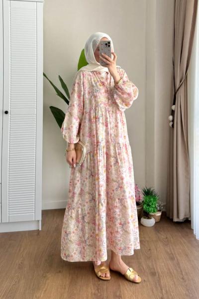 Çiçek Desenli Yarım Patlı Elbise Pembe