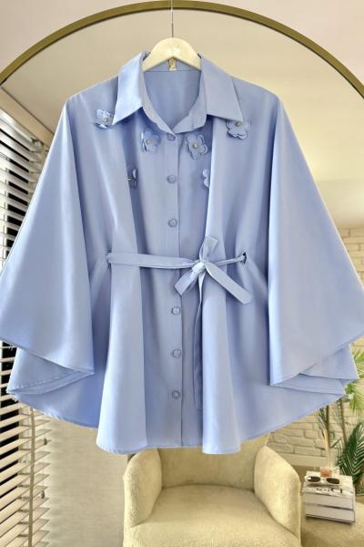 Çiçekli Panço Gömlek Mavi