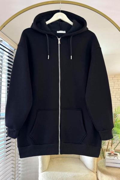 Fermuarlı Üç İplik Uzun Hırka Siyah