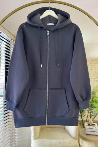 Fermuarlı Üç İplik Uzun Hırka Füme