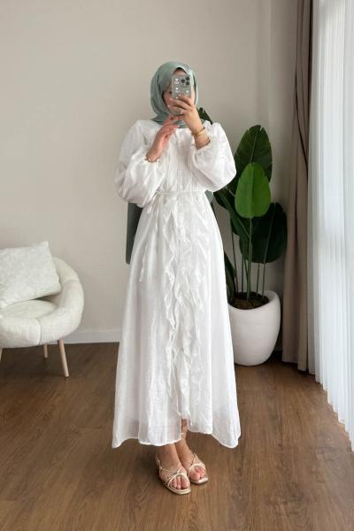 Fine Fırfırlı Elbise Beyaz