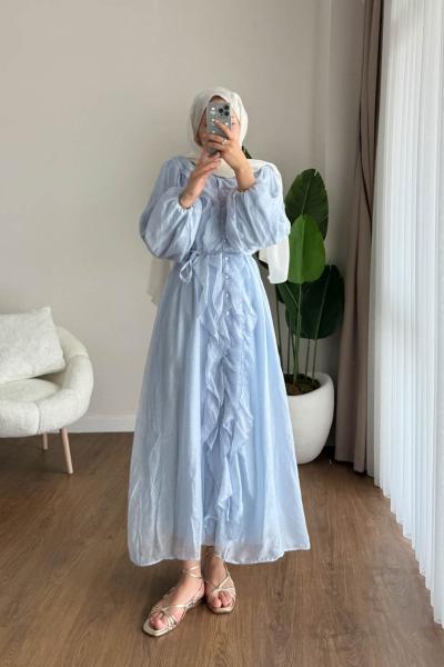 Fine Fırfırlı Elbise Mavi