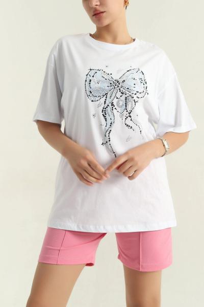 Fiyonk Taş Baskılı Tişört Beyaz