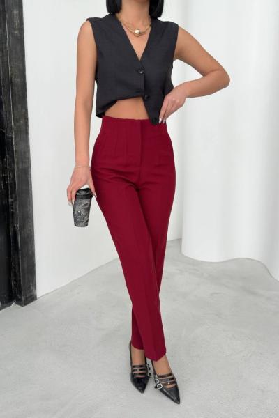 Fletolu Yüksek Bel Pantolon Bordo