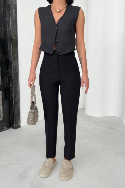 Fletolu Yüksek Bel Pantolon Siyah