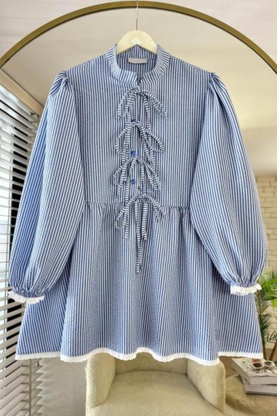 Güpür Detaylı Gofre Tunik Mavi