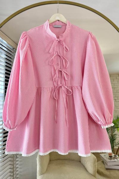 Güpür Detaylı Gofre Tunik Pembe