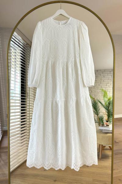 Kolu Lastikli Brode Elbise Beyaz