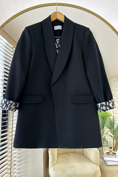 Leopar Astarlı Ceket Siyah