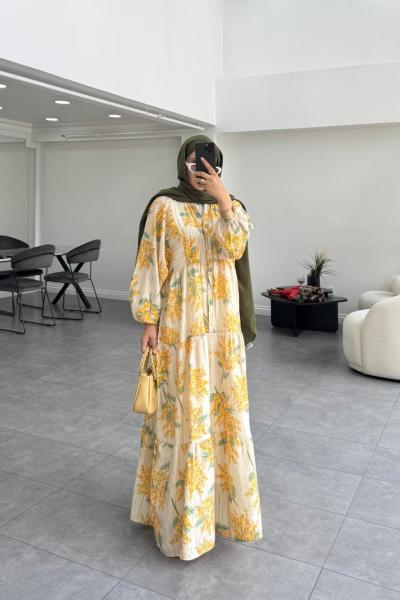 Mimoza Desenli Elbise Bej