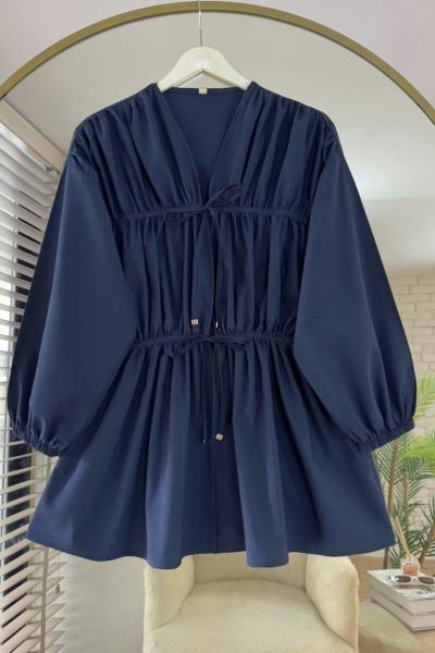 Önü Büzgülü Biyeli Tunik Lacivert