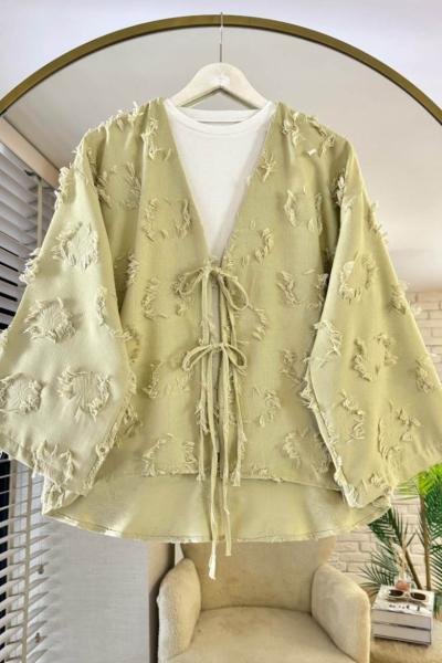 Püsküllü Keten Kimono Yeşil