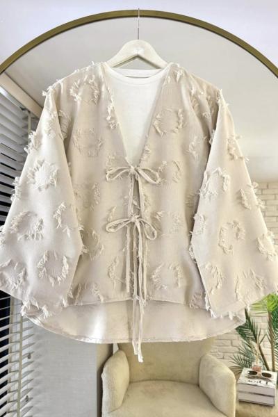 Püsküllü Keten Kimono Bej