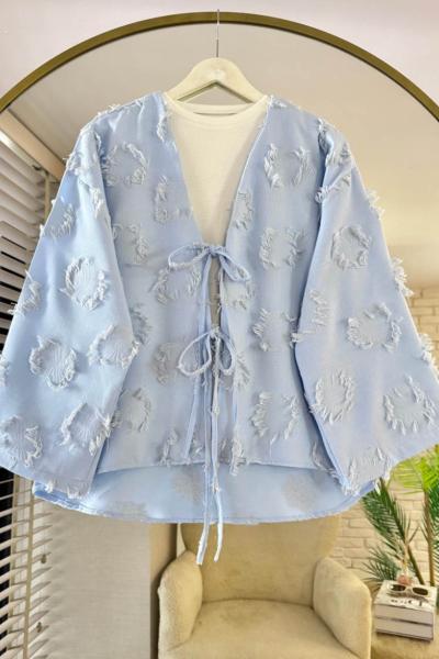 Püsküllü Keten Kimono Bebe Mavisi