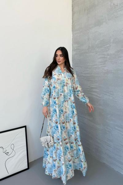 Şakayık Desenli Elbise Mavi