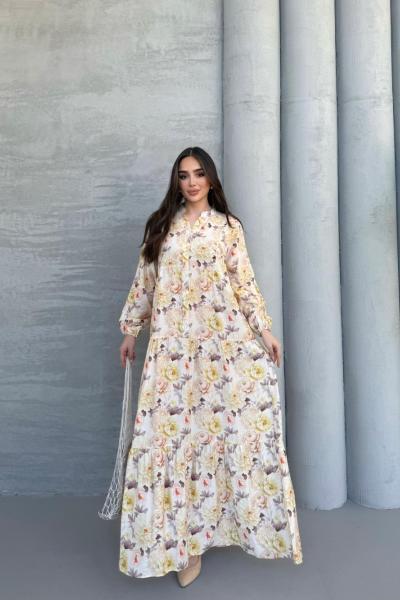 Şakayık Desenli Elbise Sarı