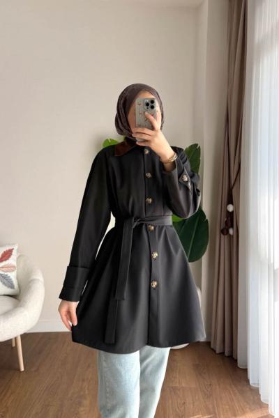 Süet Yakalı Bondit Trençkot Siyah