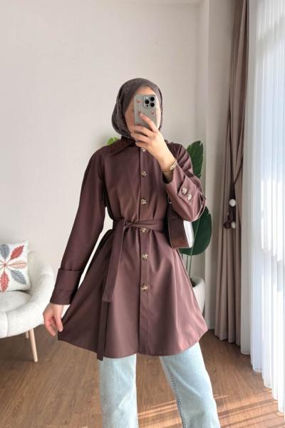 Süet Yakalı Bondit Trençkot Acı Kahve