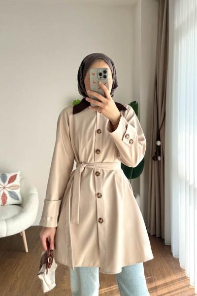 Süet Yakalı Bondit Trençkot Bej