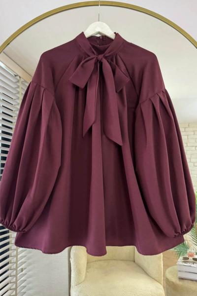 Yakası Bağlamalı Salaş Tunik Bordo